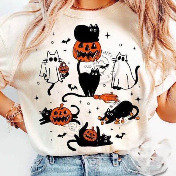 Halloween Pumpkin Cat Tee, Autumn Sublimation Design Shirt - Picture 1 of 3